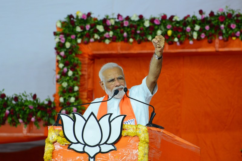 Indian Prime Minister Narendra Modi gestures during a rally in Ahmedabad on May 26.