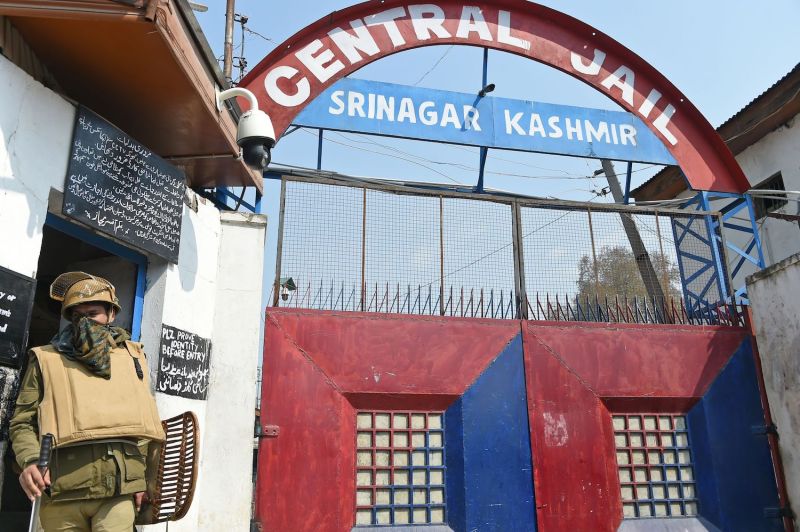 An Indian policeman comes out from a jail in downtown Srinagar, Jammu and Kashmir, on April 5.
