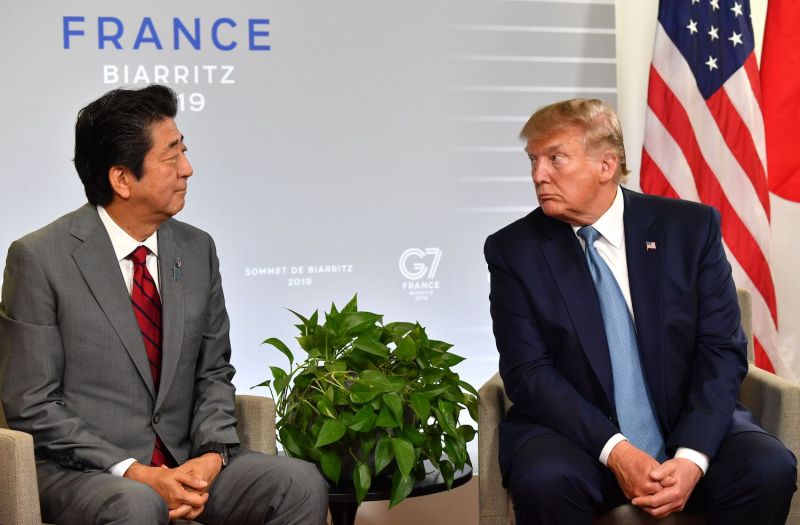 Japanese Prime Minister Shinzo Abe and U.S. President Donald Trump during a bilateral meeting on the sidelines of the G-7 summit in Biarritz, France, on Aug. 25.