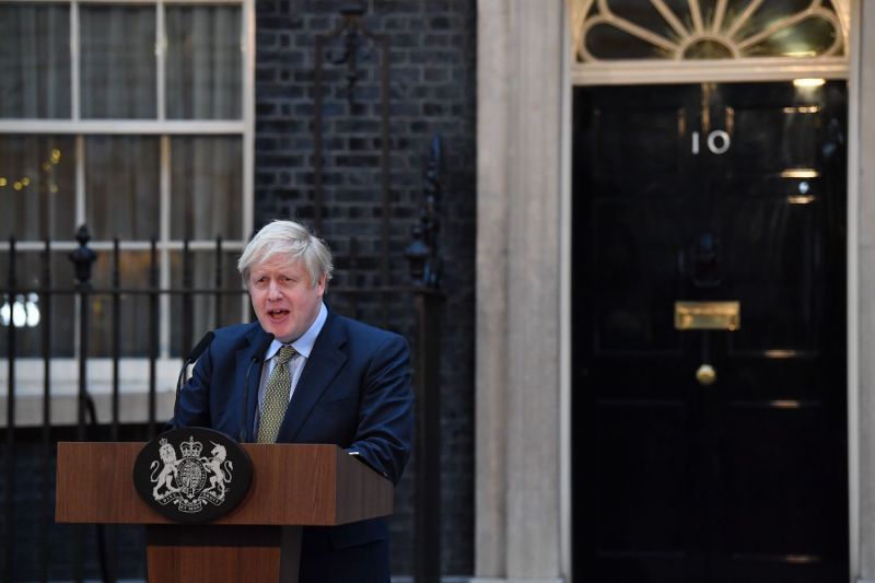 UK Prime Minister Boris Johnson delivers a speech outside 10 Downing Street in London, United Kingdom, on Dec. 13, 2019, following his Conservative Party's general election victory.