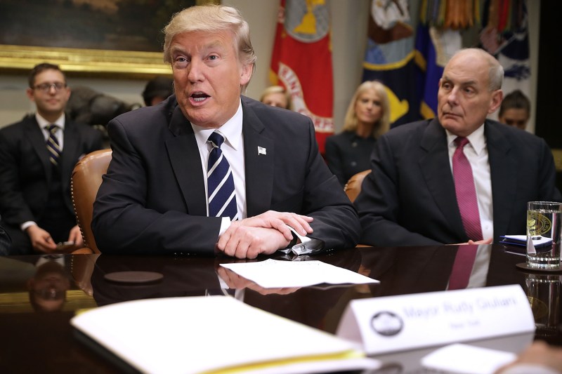 U.S. President Donald Trump delivers remarks at a meeting with then-Homeland Security Secretary John Kelly and cyber security experts at the White House on Jan. 31, 2017, in Washington.