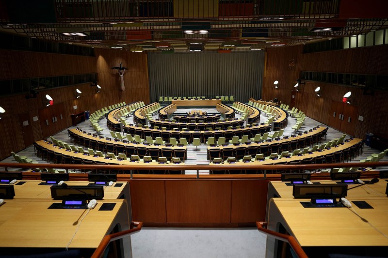 The empty chamber of the U.N. headquarters