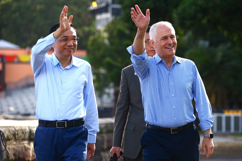 Chinese Premier Lie Keqiang and Australian then-Prime Minister Malcolm Turnbull during a state visit in Sydney on Mar. 25, 2017.