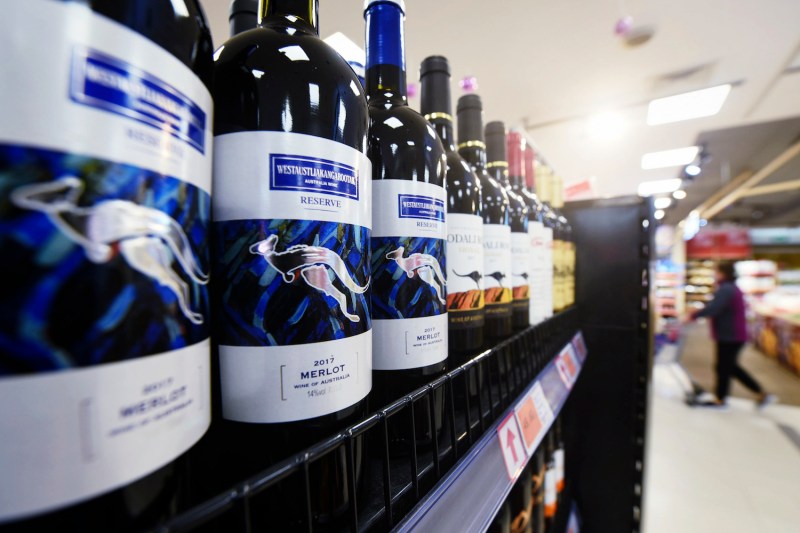Bottles of Australian wine are displayed at a supermarket in Hangzhou, China, on Nov. 27.