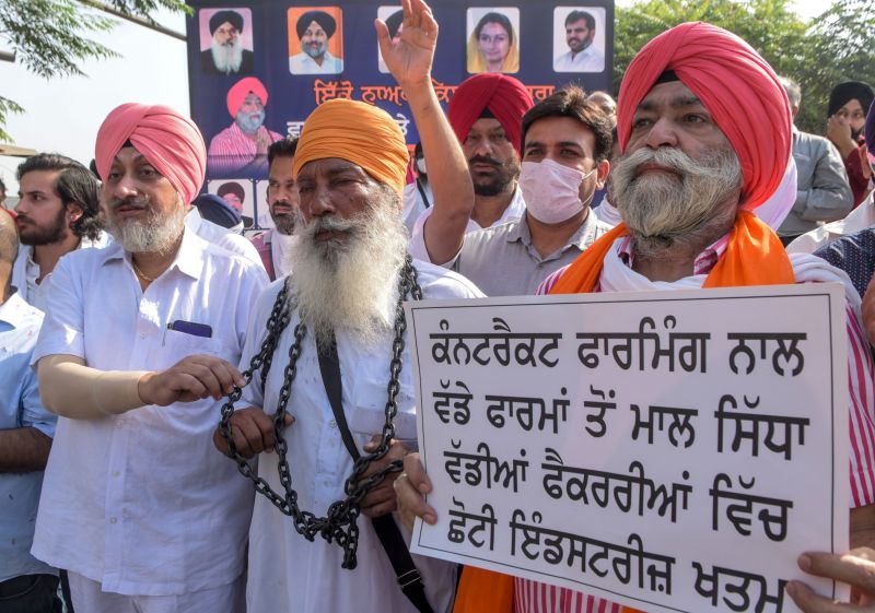 Farmers and workers from the Shiromani Akali Dal party protest against agriculture reforms in Amritsar, India, on Oct. 1, 2020.