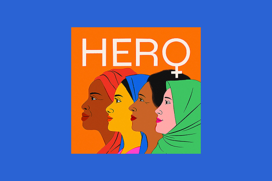 Illustration with a blue and orange background, four female faces, and the text HERO