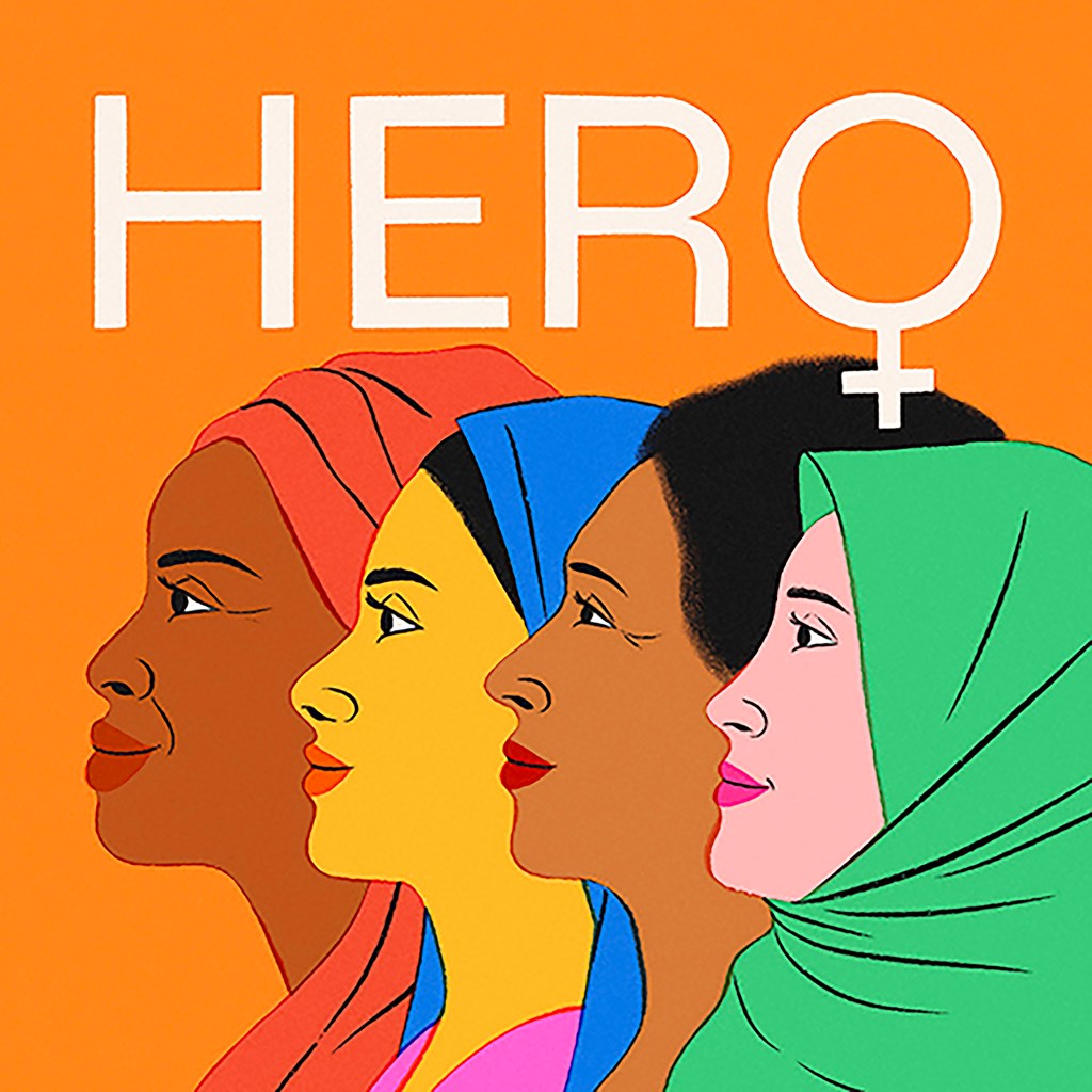 Illustration with an orange background, four female faces, and the text HERO