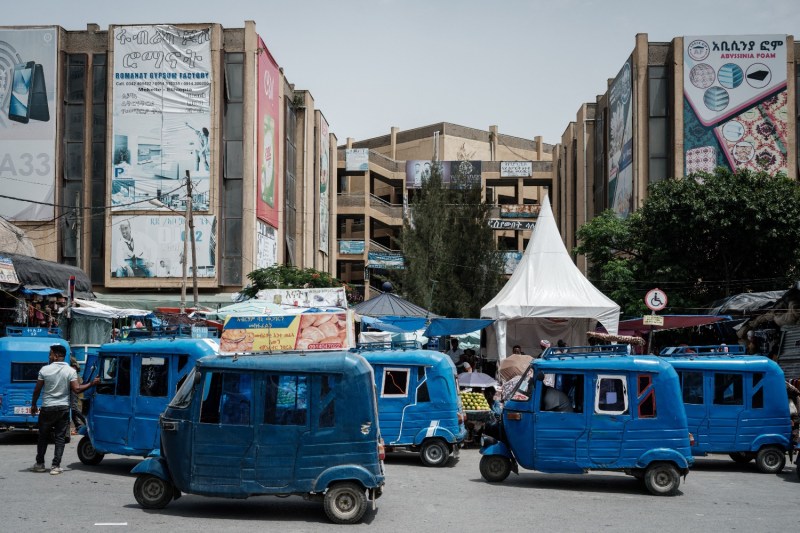 Autorickshaws wait for customers next to the downtown market in Mekele, the capital of Ethiopia’s Tigray region, on June 25.