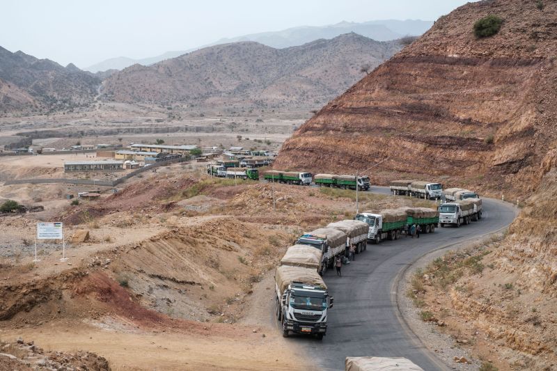 A World Food Programme convoy of trucks on their way to the Tigray region are seen near the village of Erebti, Ethiopia, on June 9.
