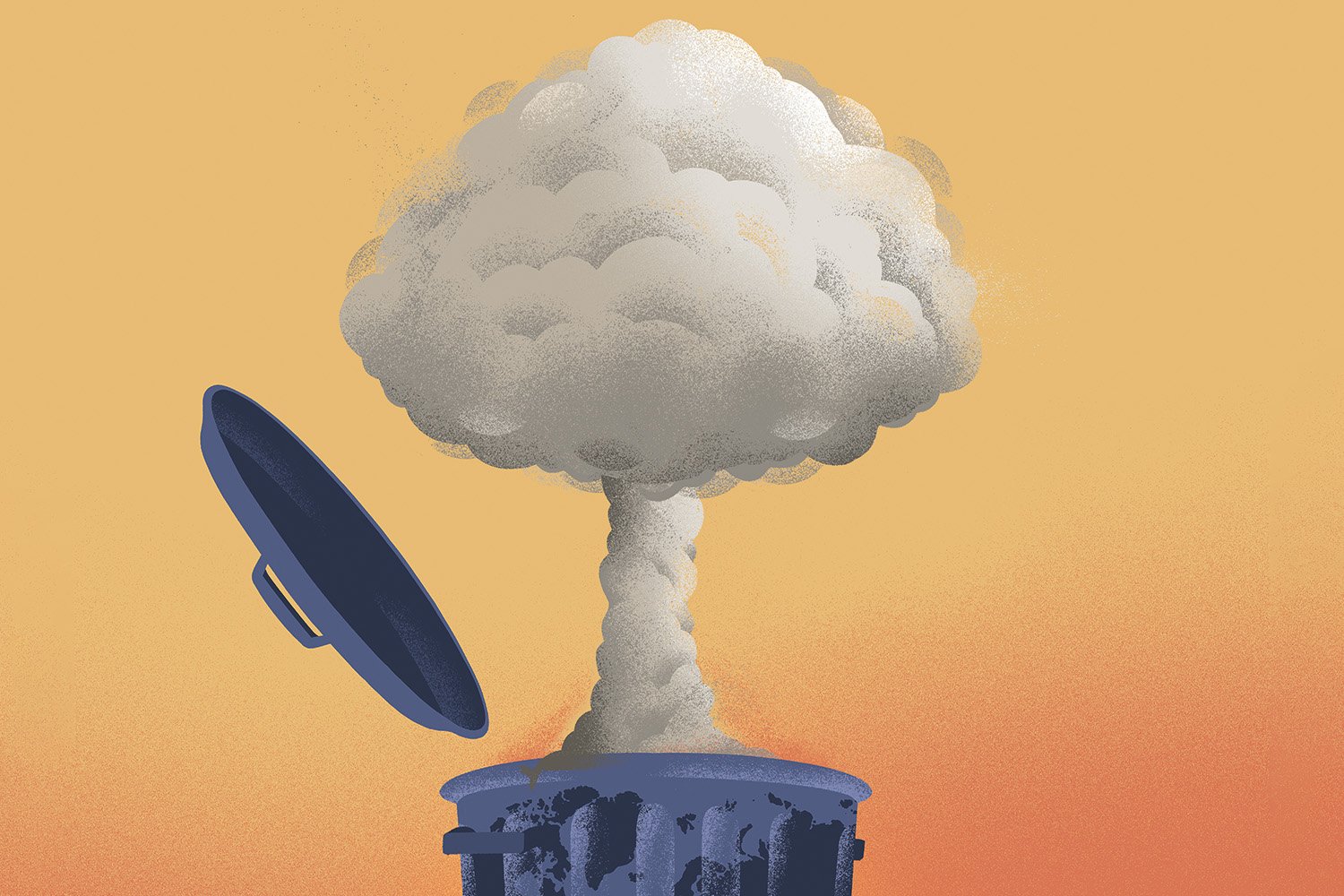 An illustration shows a nuclear cloud rising from the dustbin of history.