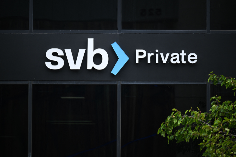 The SVB Private logo is displayed outside of a Silicon Valley Bank branch in Santa Monica, California.