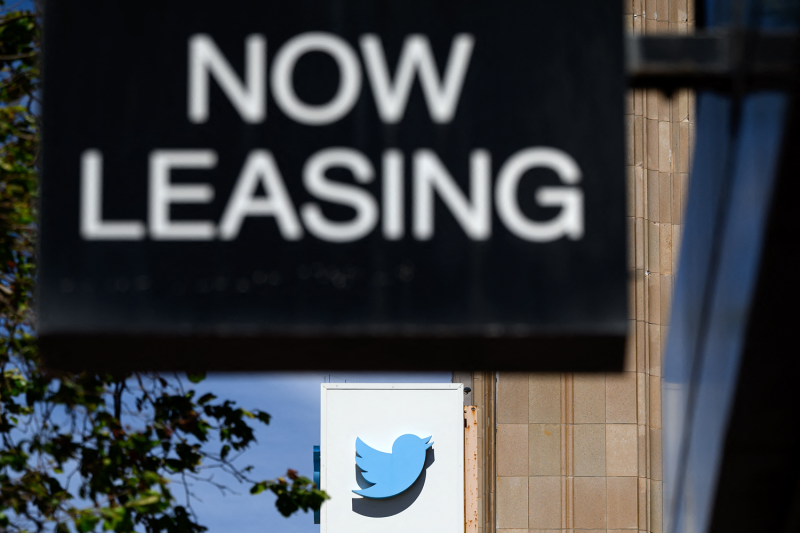 Twitter's sign is seen partially removed in San Francisco, California on July 24, 2023.