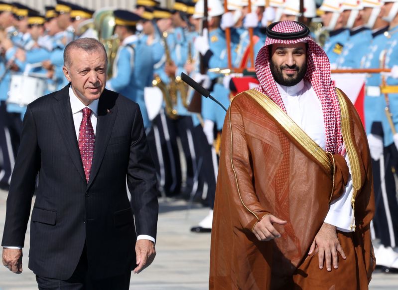 Turkey's President Recep Tayyip Erdogan welcomes Crown Prince of Saudi Arabia Mohammed bin Salman during an official ceremony at the Presidential Complex in Ankara, on June 22, 2022.