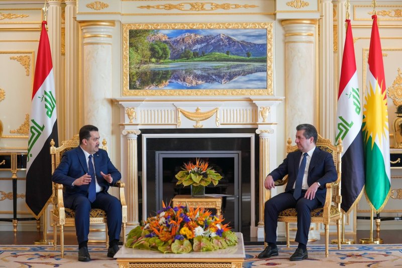 Iraqi Prime Minister Mohammed Shia Al-Sudani (L) meets Prime Minister of northern Iraq's Kurdish Regional Government (IKRG), Masrour Barzani in Erbil (R) in Erbil, Iraq on March 15.