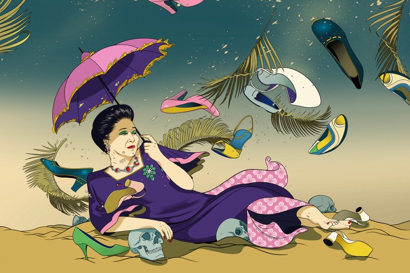 An illustration of Imelda Marcos holding a parasol as she lounges on the sand, leaning on skulls, as shoes and palm fronts swirl around her.