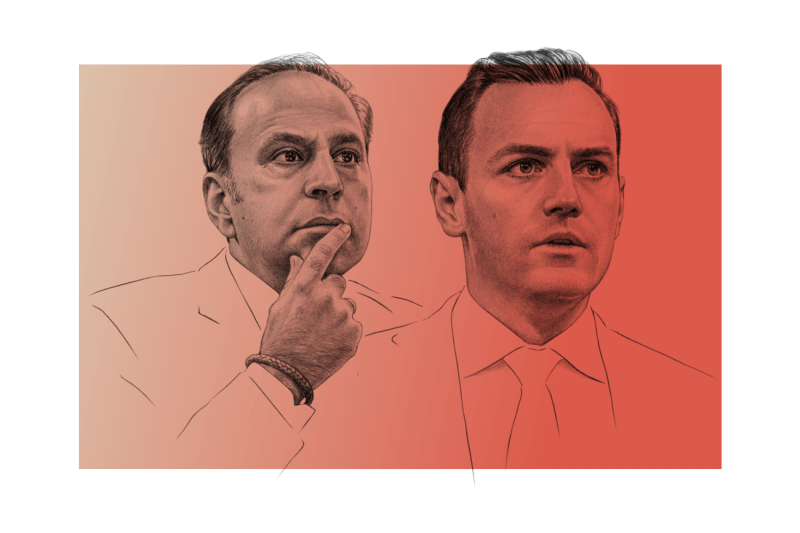 Illustrated portraits of Reps. MIke Gallagher, right, and Raja Krishnamoorthi