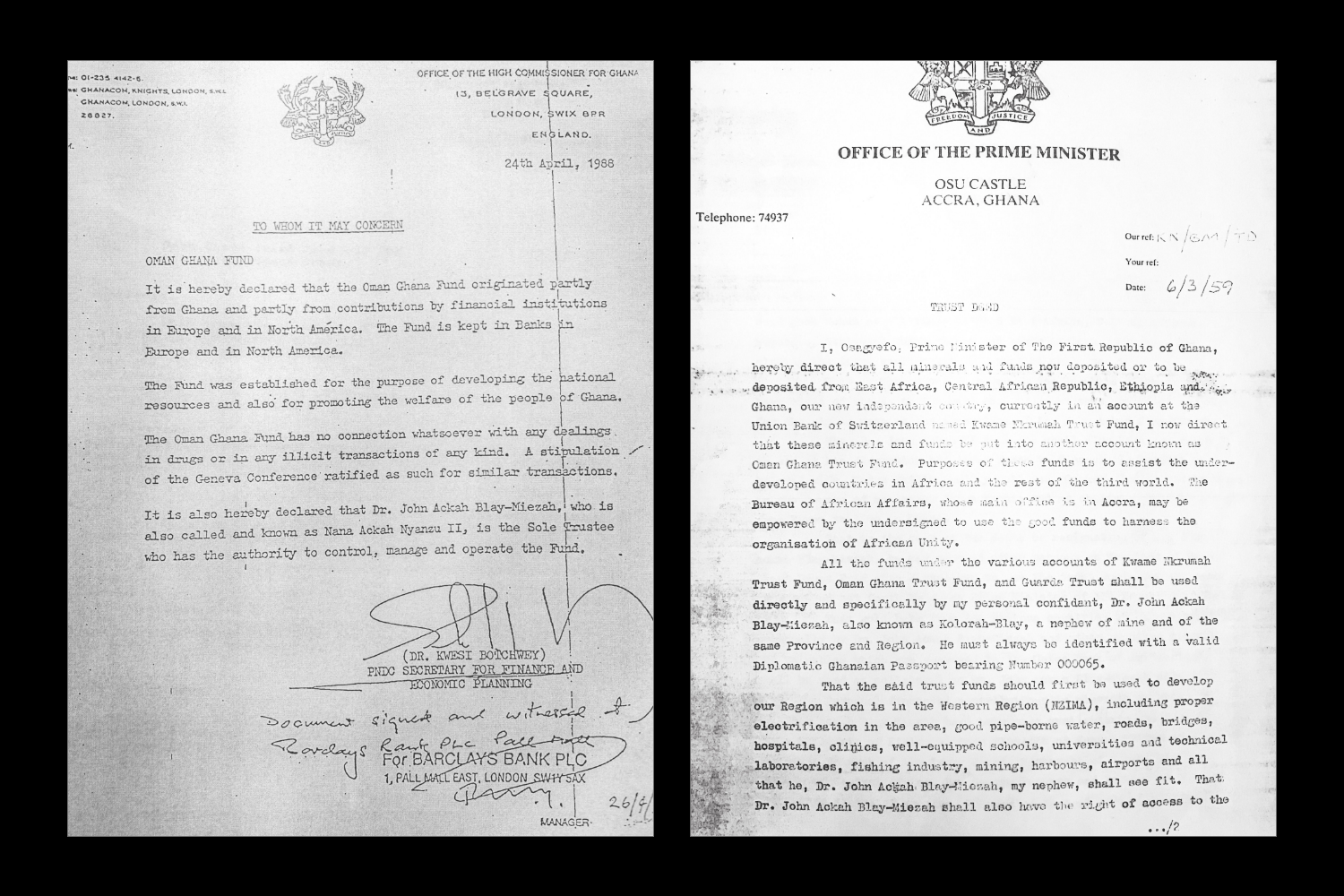 Left: A letter allegedly written by Kwesi Botchwey, Ghana's minister of finance, regarding the Oman Ghana Trust Fund. Right: The alleged deed to the Oman Ghana Trust Fund.