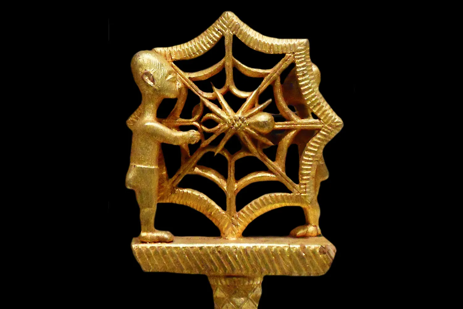 A linguist staff from the 19th century, which would have been carried by high-ranking Akan officials in the Gold Coast or Ghana, depicts Anansi.