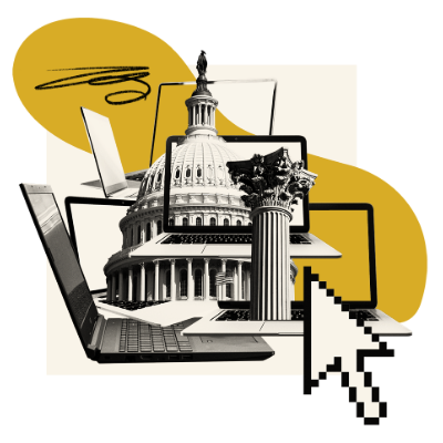 Illustration with the US Capitol building, a laptop, a computer mouse pointer, and geometric shapes