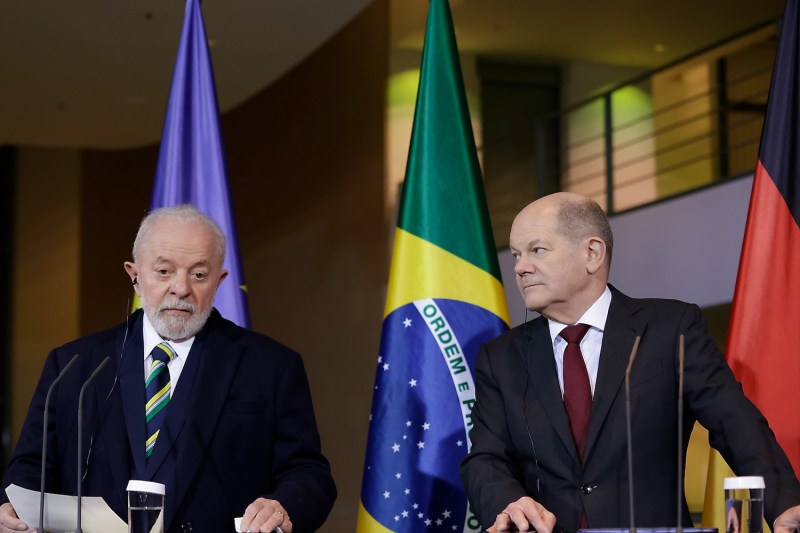 German Chancellor Olaf Scholz and Brazilian President Luiz Inácio Lula da Silva attend a press conference at the Chancellery in Berlin on Dec. 4, 2023.