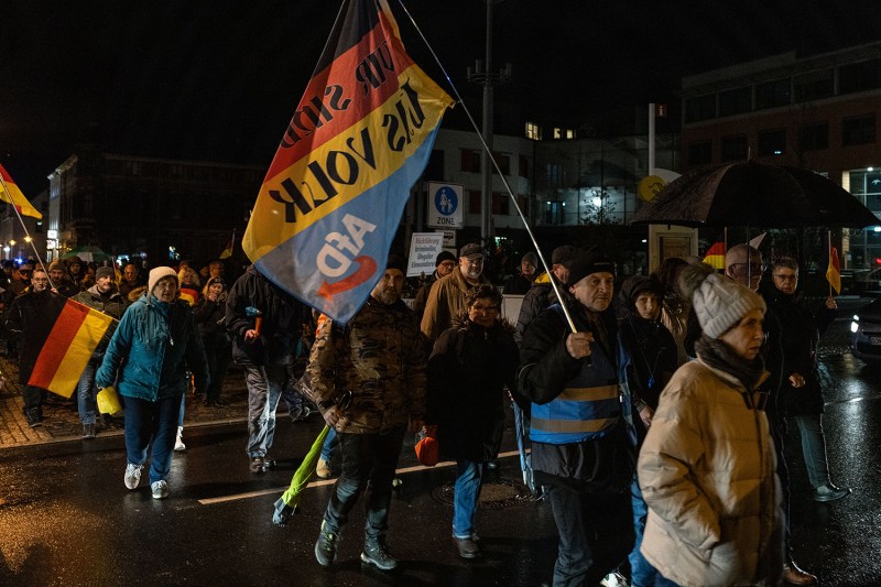 A group of dozens of protesters wearing winter coats and hats walk down a street at night carrying flags and signs. The largest visible flag shows the AfD crest and bears the words "We are the People" in German, written over the colors of the German flag.