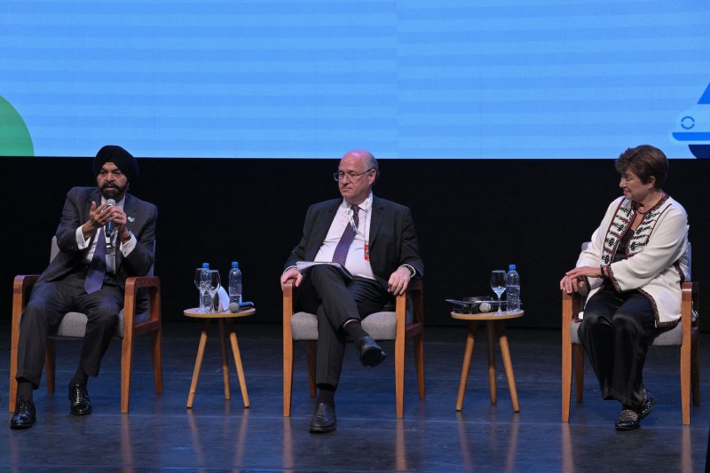 World Bank President Ajay Banga, Inter-American Development Bank President Ilan Goldfajn, and International Monetary Fund Managing Director Kristalina Georgieva take part in a climate finance event during the G-20 finance ministers meeting in São Paulo, Brazil, on Feb. 28.