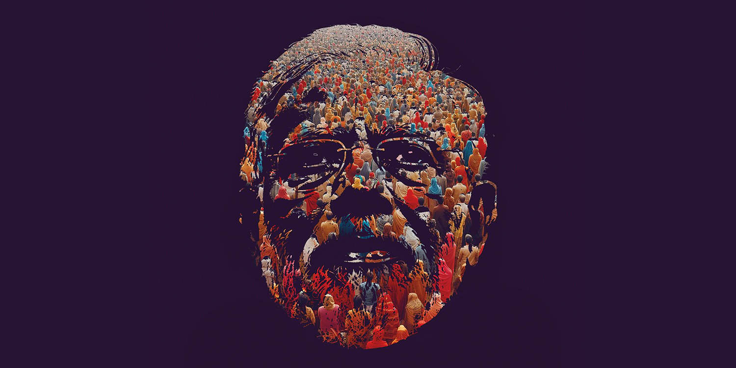 A photo illustration shows a crowd of people filling the face of India's Prime Minister Narendra Modi.