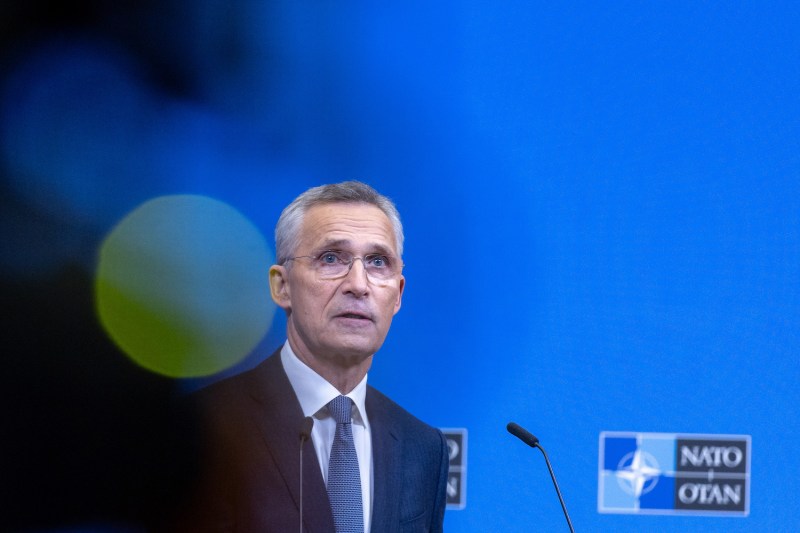 NATO Secretary-General Jens Stoltenberg holds a press conference at a meeting of allied foreign ministers, coinciding with NATO’s 75th anniversary, at the alliance’s headquarters in Brussels, Belgium, on April 3.