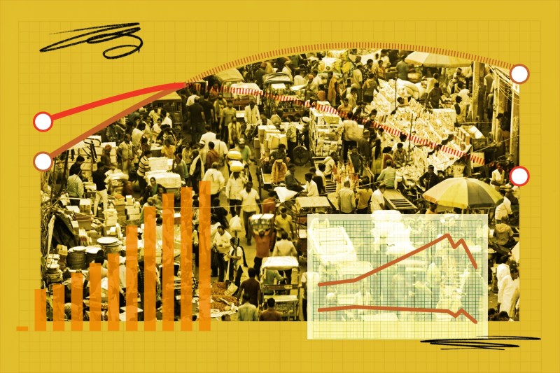 An illustration shows a crowded street in India overlaid with charts showing population growth, Internet use, and unemployment rates.