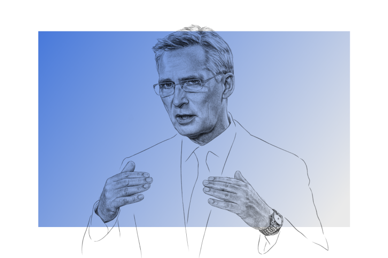 A pencil illustration depicts Jens Stoltenberg, in suit and glasses, gesturing.