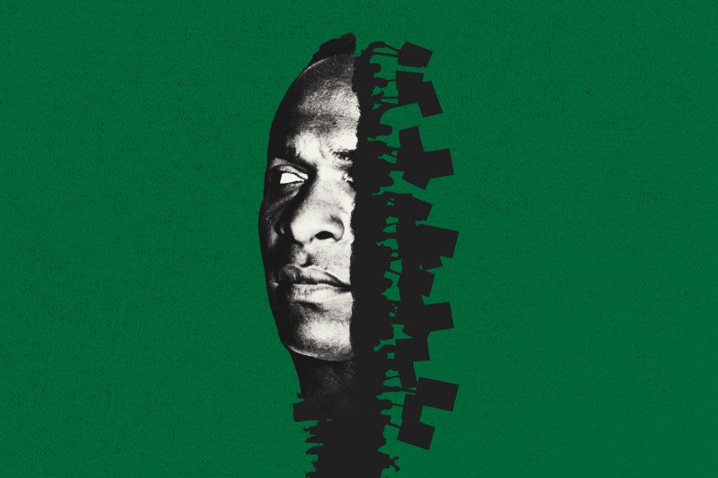 Illustration with Frantz Fanon headshot and silhouettes of people holding signs on a green background