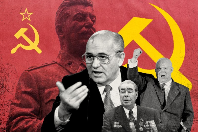 A photo collage of historic black-and-white images of Soviet leaders: Nikita Khrushchev, Leonid Brezhnev, and Mikhail Gorbachev, are toward the front, and a larger cutout of Joseph Stalin looms over them in the background. Behind that is a textured red background with the yellow hammer and sickle symbol of the Soviet Union.