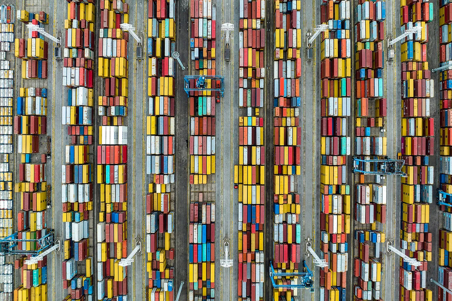 An aerial photo shows shipping containers stacked at the Port of Ningbo-Zhoushan in Ningbo, China.