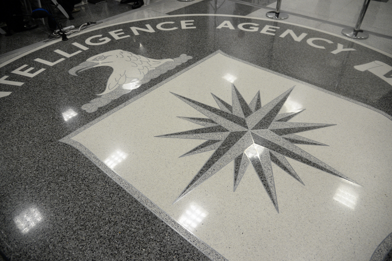 The logo of the CIA is seen in shades of gray on the floor of a lobby at the agency’s headquarters in Langley, Virginia.