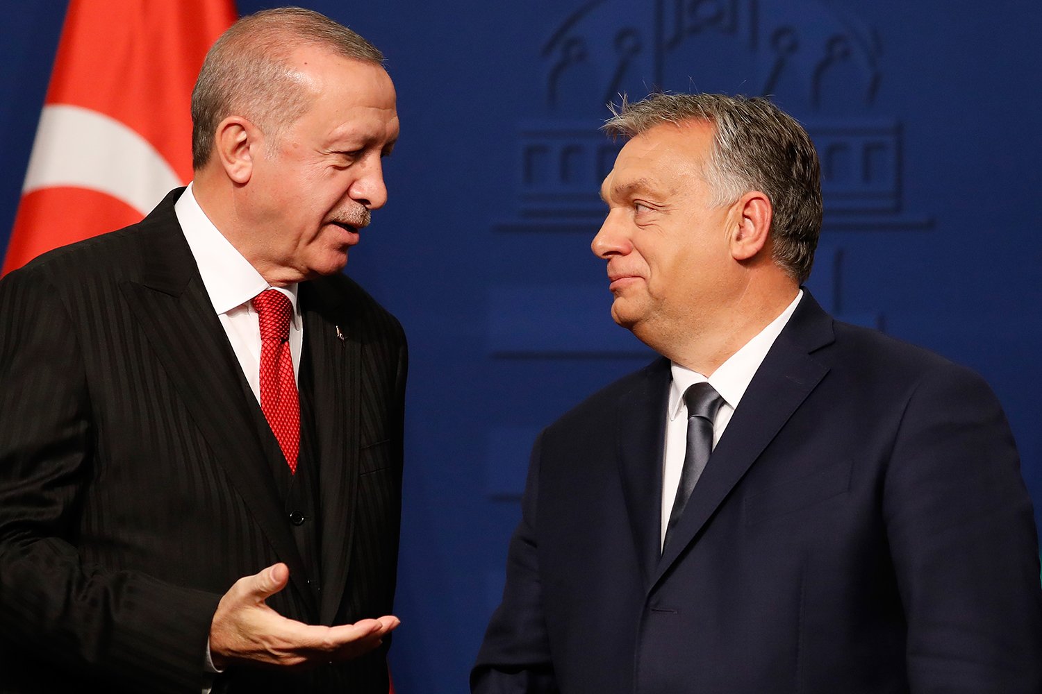 Turkish President Recep Tayyip Erdogan, left, speaks with Hungarian Prime Minister Viktor Orban in Budapest on Nov. 7, 2019.