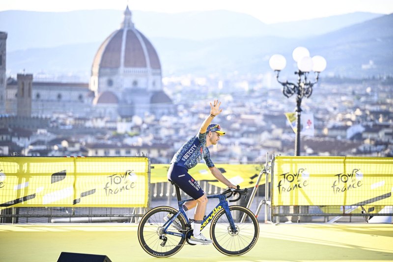 Belgian Wout van Aert of WorldTeam Visma-Lease a Bike pictured at the team presentation ahead of the 2024 Tour de France cycling race, in Florence, Italy.