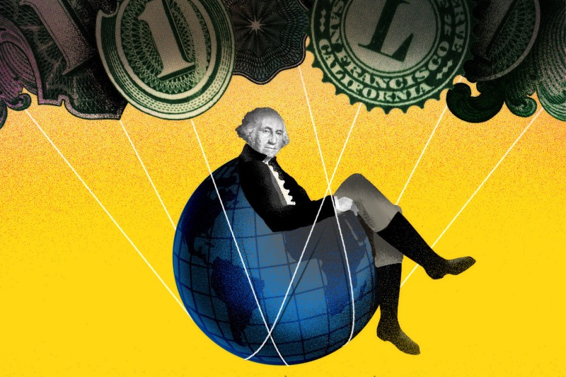 An illustration shows symbols from the U.S. dollar acting as balloons as they lift George Washington from the dollar bill as he sits atop a globe throne.