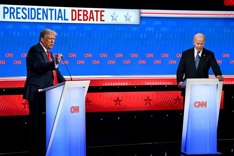 U.S. President Joe Biden (right) and former U.S. President Donald Trump participate in the first presidential debate of the 2024 election at CNN’s studios in Atlanta, Georgia.