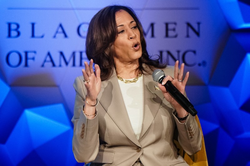 U.S. Vice President Kamala Harris speaks during a conversation with Steve Harvey about the economy at the 100 Black Men of America, Inc., 38th Annual Conference in Atlanta, Georgia.