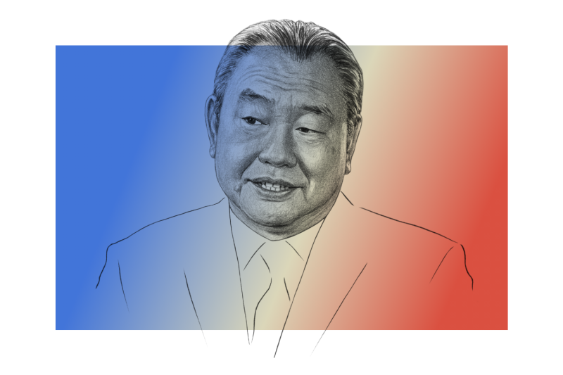 An illustrated portrait of Taiwanese Ambassador Alexander Tah-ray Yui against a blue and red gradient color backdrop.