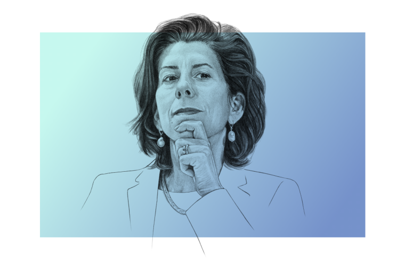 A drawn illustration of Gina Raimondo with a blue background.