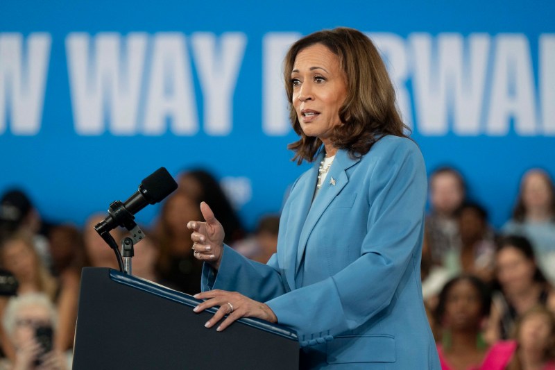 Kamala Harris gestures with one hand while speaking into a microphone at a podium. Harris wears a light blue suit, and seated members of a crowd are visible slightly out of focus in the background.