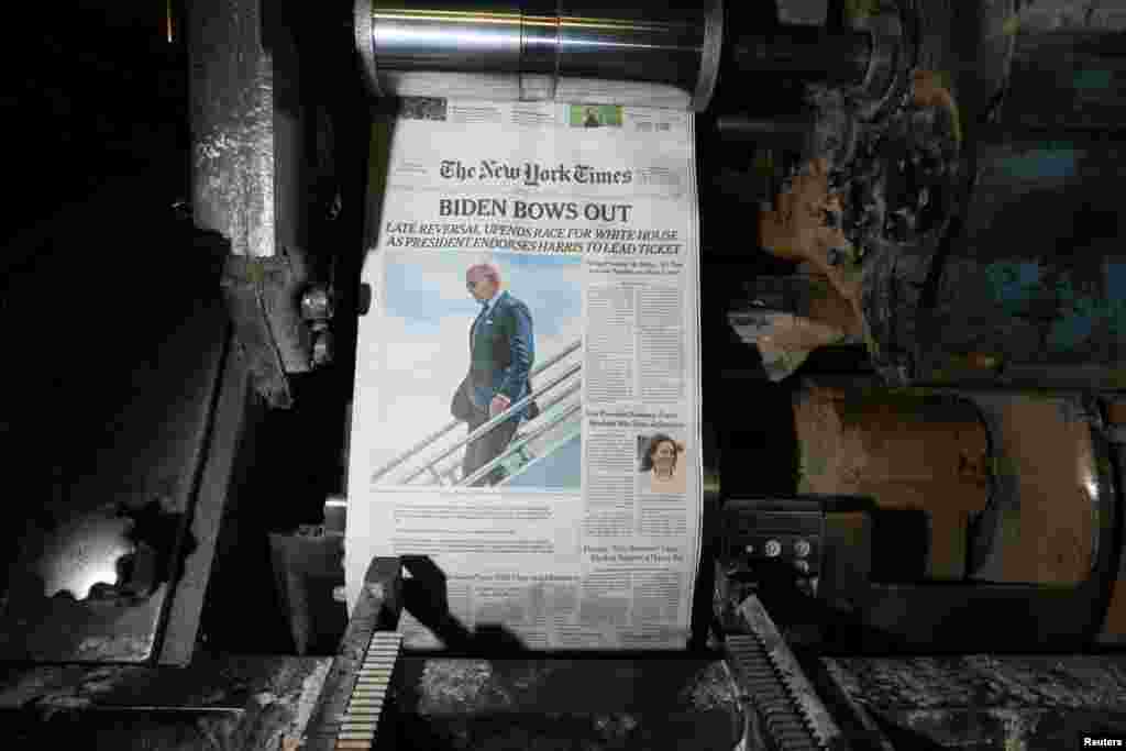 The front page of the New York Times is printed the day U.S. President Joe Biden announced that he is dropping his reelection bid, at the New York Times College Point Printing Plant in Queens New York City, July 21, 2024.