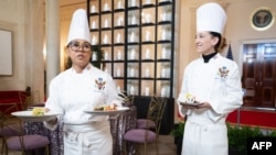 White House Executive Chef Cris Comerford and White House Executive Pastry Chef Susie Morrison present the dishes that will be served during the upcoming State Dinner for Kenya during a press preview at the White House, May 22, 2024. 