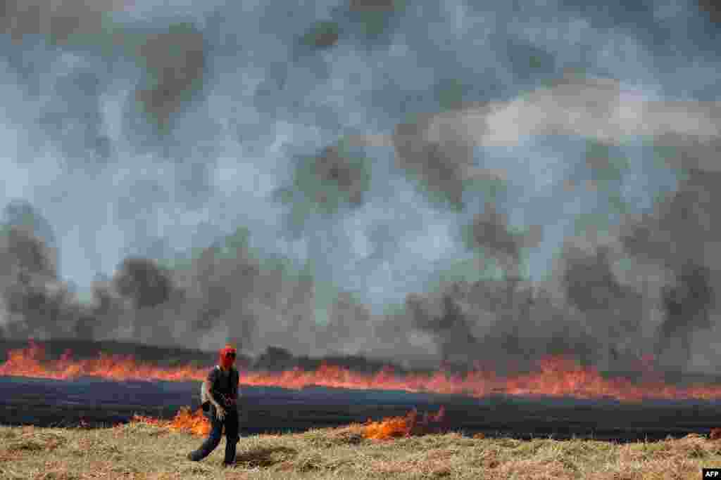 A protester walks past a wildfire started by a police-launched tear gas canister during a march as part of a rally against the building of a huge water reservoir near in Migne-Auxances, western France.