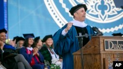 In this photo provided by Duke University, commencement speaker Jerry Seinfeld speaks during the school's graduation ceremony, May 12, 2024, in Durham, N.C. A tiny contingent of graduates opposed the pro-Israel comedian speaking at their commencement Sunday.