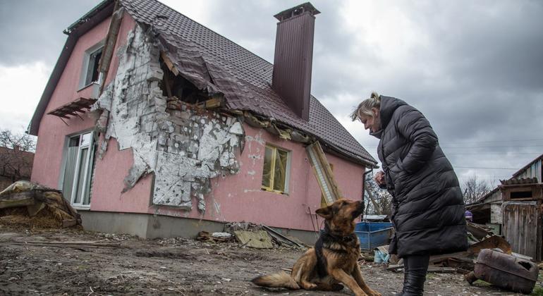 Ukrainian woman with her dog is standing in the middle of a damaged household. 