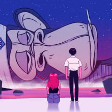 A person standing and another sitting on the ground look at a Bored Ape NFT, resembling a retro crashed spaceship, against a starry night sky with pink-hued ground and rocks.