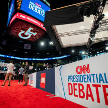 People mingle in the CNN Spin Room ahead of a CNN Presidential Debate on June 27, 2024 in Atlanta, Georgia