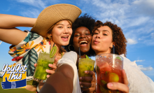 Happy three women taking a selfie drinking cocktails in summer - stock photo